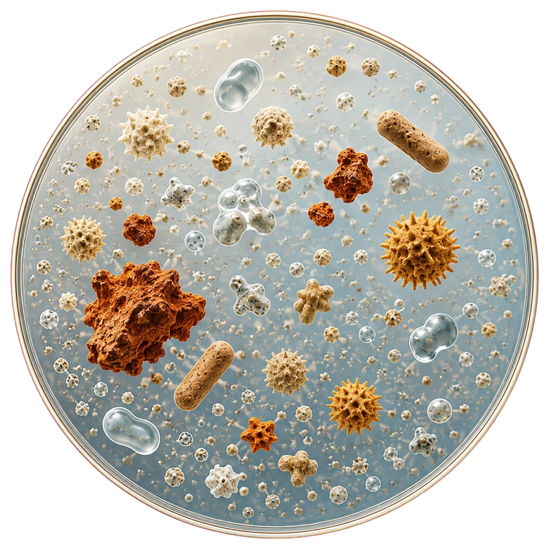 Magnified sample of unfiltered tap water showing sediment, rust, chlorine and micro-impurities