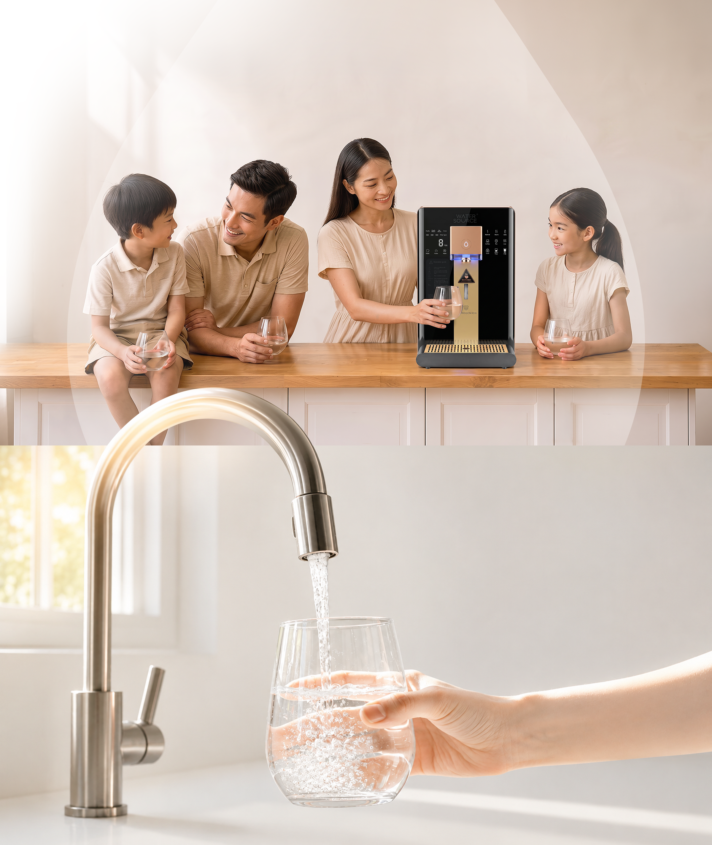Family enjoying hydrogen-rich water at home with the WaterSource dispenser, and water poured from a kitchen faucet into a glass